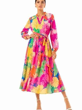 SHEIN Floral Midi Dress Tie Waist Long Sleeve Bright floral summer Print Medium